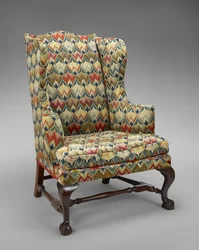Fåtölj, 1750-1800 (mahogny; lönn, vit furu och originalsömnad av ull på linneduk)
